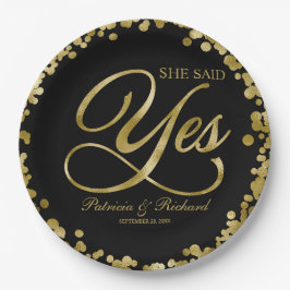 Plato De Papel Ella dijo que sí, fiesta de compromiso de oro negr