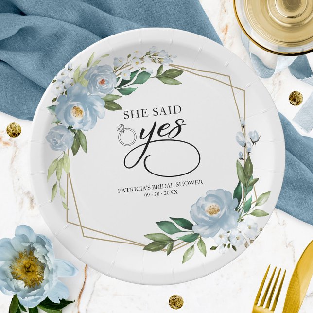 Plato De Papel Ella Dijo Sí Ducha De Novias Geométrica Azul Dusto (Subido por el creador)