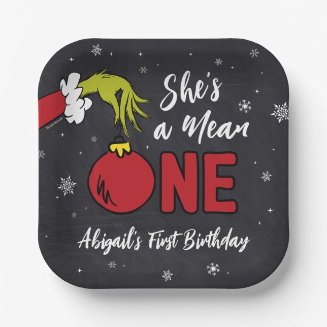 Plato De Papel Ella es mala | Cumpleaños Grinch Pizarra (Anverso)