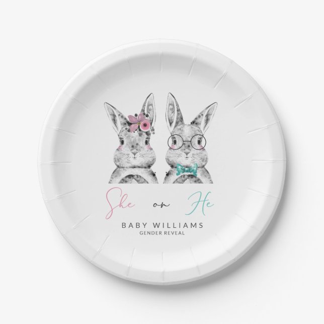 Plato De Papel Ella o él Pink & Blue Bunny Gender Revower (Anverso)
