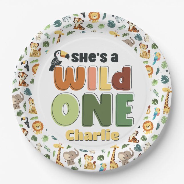 Plato De Papel Ella Wild One Safari Zoo Animal Birthday Party (Anverso)
