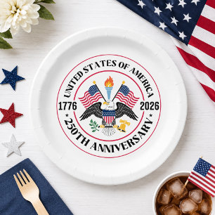Plato De Papel Emblema Patriótico del Águila del 250 Aniversario