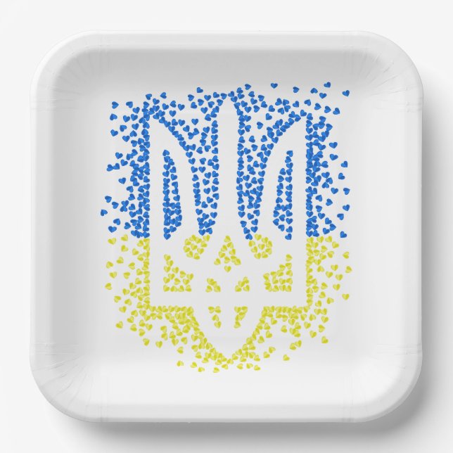 Plato De Papel Emblema ucraniano trident tryzub esparce corazones (Anverso)