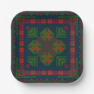 Plato De Papel Embroideric palestino Tatreez color verde rojo 5 P