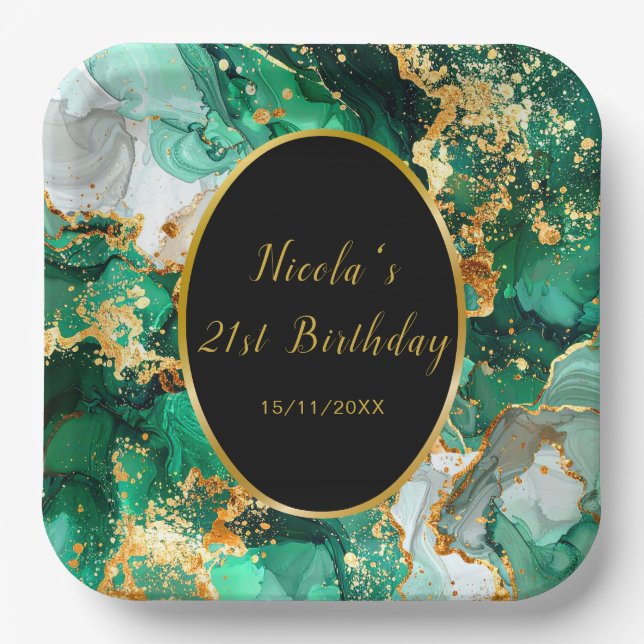 Plato De Papel Emerald Green and Gold Marble Agate Birthday Party (Anverso)