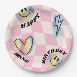 Plato De Papel Emoji Retro Sonreír Cumpleaños Para Los Chicas