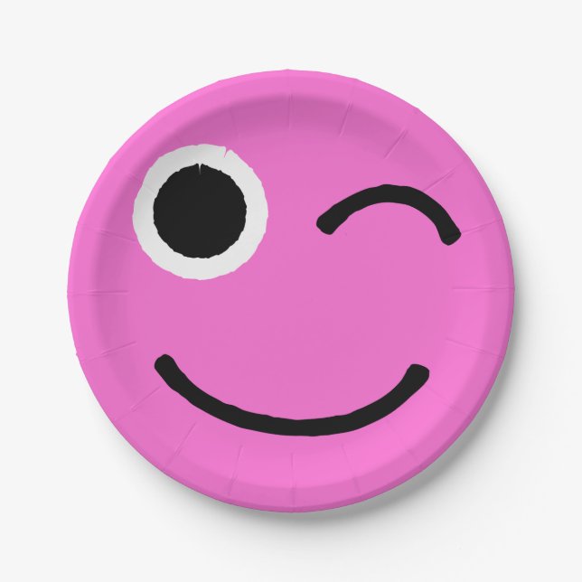 Plato De Papel Emoticon Winky Flirty Rosa Emojii (Anverso)