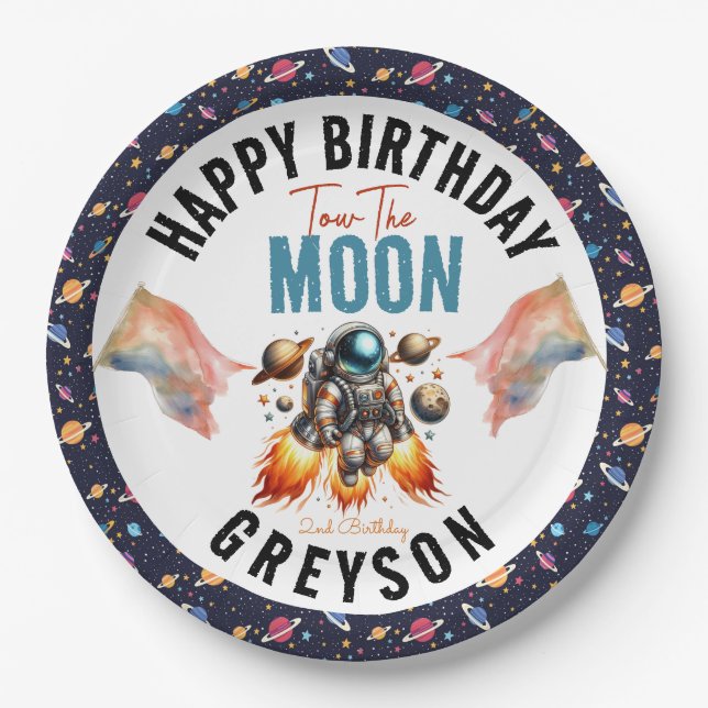 Plato De Papel empezar a remolcar la luna 2º espacio de cumpleaño (Anverso)