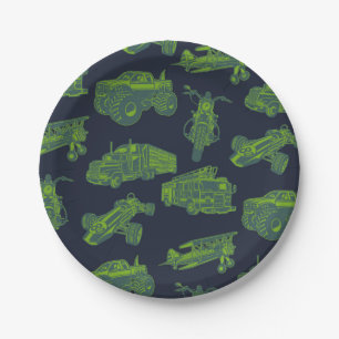 Plato De Papel En Go Blue & Green Moving Vehicles Cars Boys