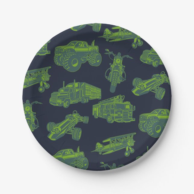 Plato De Papel En Go Blue & Green Moving Vehicles Cars Boys (Anverso)