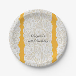 Plato De Papel Encaje Amarillo y Blanco Brillante Elegante Fiesta