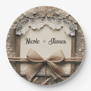 Plato De Papel Encaje Floral Vintage de Arpillera para Boda Rústi