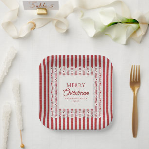 Plato De Papel Encaje Vintage Rojo Rayas Navideñas Fiesta Retro