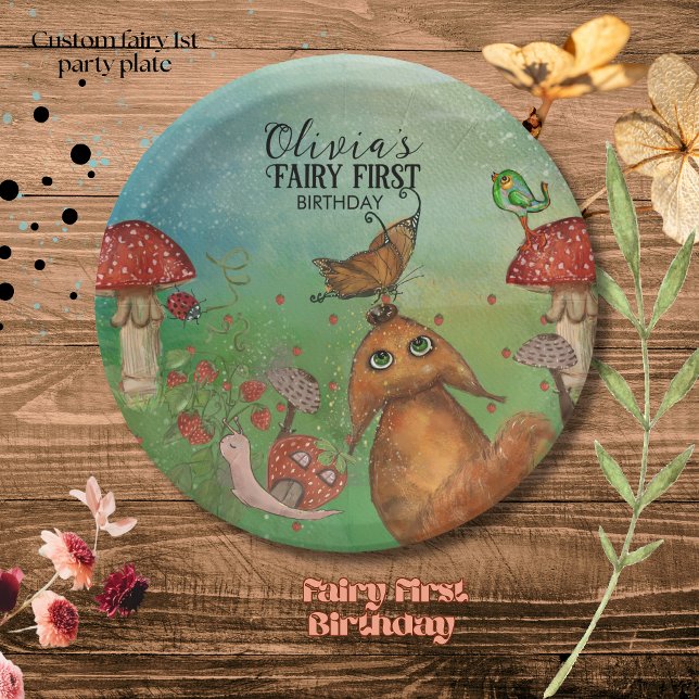 Plato De Papel Encantadas criaturas de bosques de hadas de primer (Enchanted Woodland Creatures Fairy First Birthday Paper Plates)