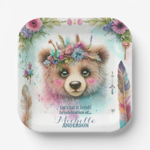 Plato De Papel Encantador Boho Woodland Bear acuarela Cumpleaños