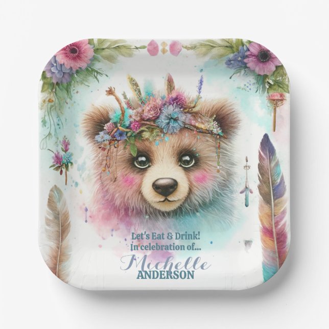 Plato De Papel Encantador Boho Woodland Bear acuarela Cumpleaños (Anverso)
