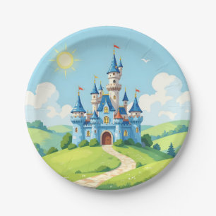 Plato De Papel Encantador castillo azul y blanco