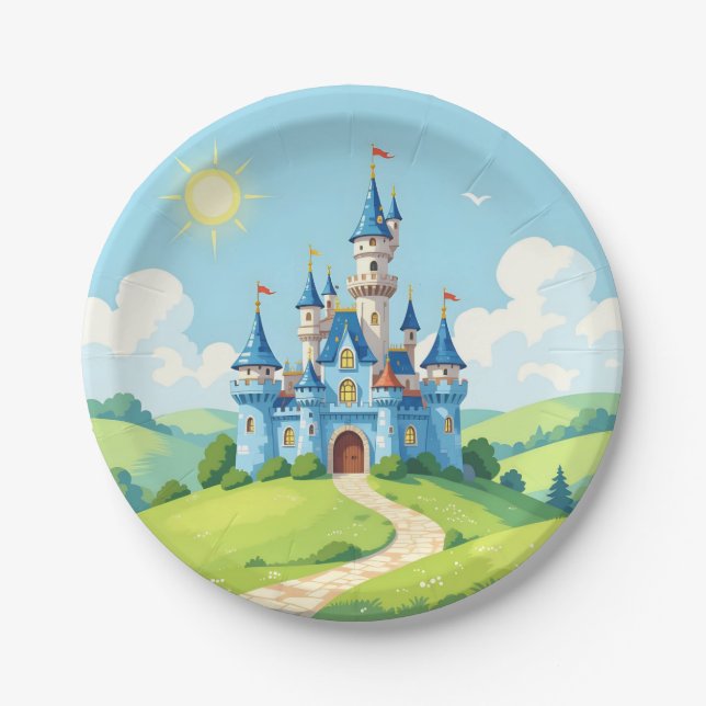 Plato De Papel Encantador castillo azul y blanco (Anverso)
