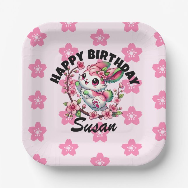 Plato De Papel Encantador cumpleaños de conejo Sakura (Anverso)