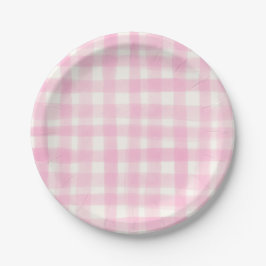 Plato De Papel Encantador Gingham Rosa Dibujado a Mano para Chica