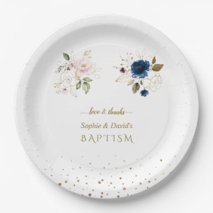 Plato De Papel Encantador Oro Azul Rosa Flores Gemelos Bautismo S