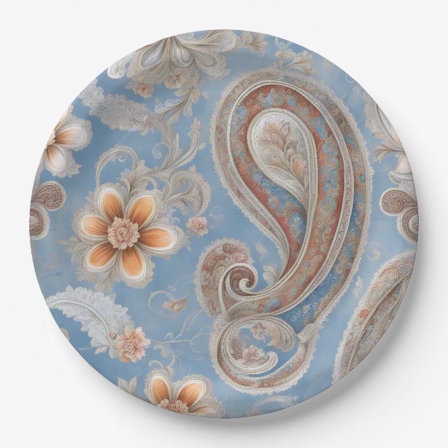Plato De Papel Encantador Paisley Peach y Blue (Anverso)