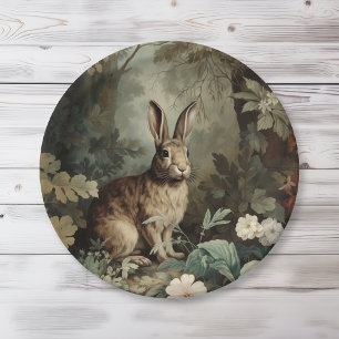 Plato De Papel Encantadora liebre antigua en un bosque exuberante