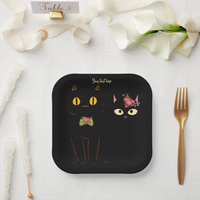 Plato De Papel Encantadores gatos negros ojos amarillos (Boda)
