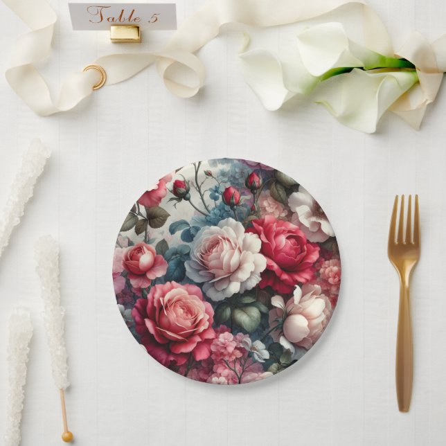 Plato De Papel Encanto Floral Rosa Atemporal (Boda)