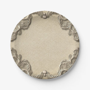 Plato De Papel Encanto Sureño Vintage Elegante Boda de Arpillera