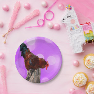 Plato De Papel Encaramado en Su Majestad: Rooster On Dreamy Purpl