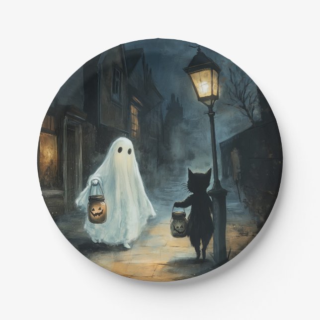 Plato De Papel Encuentro de Fantasma y Gato de Halloween (Anverso)