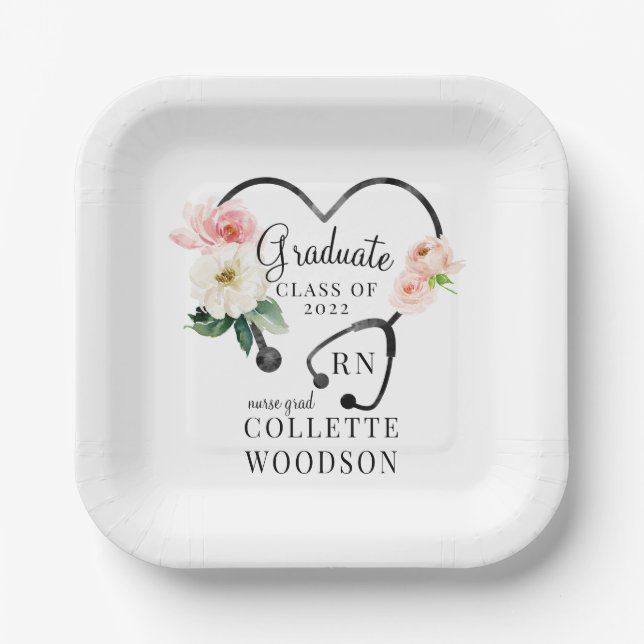 Plato De Papel Enfermera de estetioscopio floral clase 2022 Fiest (Anverso)