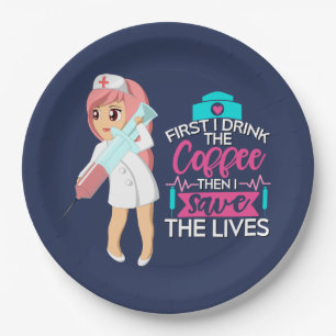 Plato De Papel Enfermera divertida diciendo con gran aguja hipodé