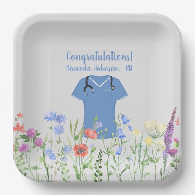 Plato De Papel Enfermera personalizada RN LPN NP Blue Scrubs (Anverso)