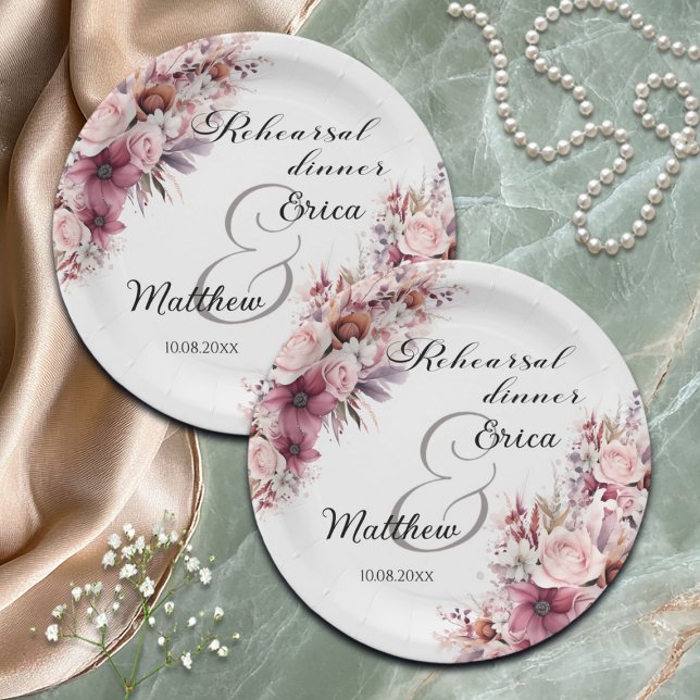 Plato De Papel Ensayo Cena Dusty Boho Rosa Boda Floral (Subido por el creador)