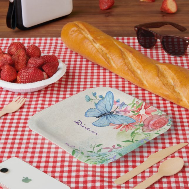 Plato De Papel Entrada De Cena, Flor De Mariposa Azul (Picnic)