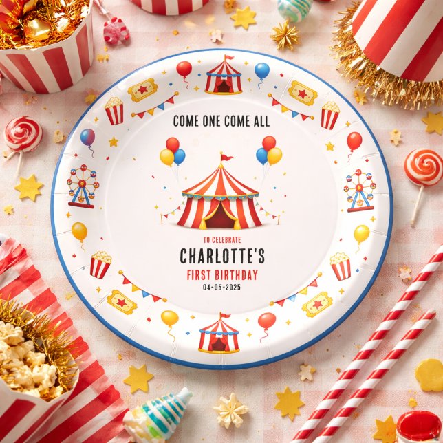 Plato De Papel Entrada de circo rojo moderno para cumpleaños 1er  (Modern Red Circus Ticket 1st Birthday | Any Gender Paper Plates
)
