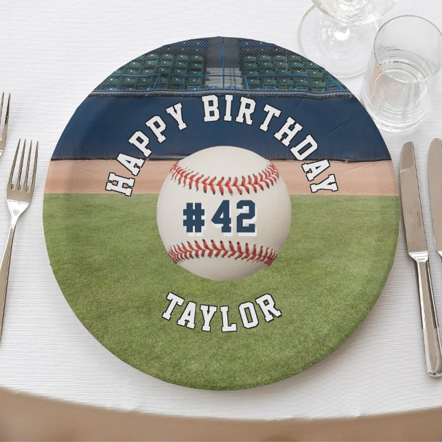 Plato De Papel Equipo de béisbol Número Deportes Feliz Cumpleaños (sports baseball field happy birthday paper plates)