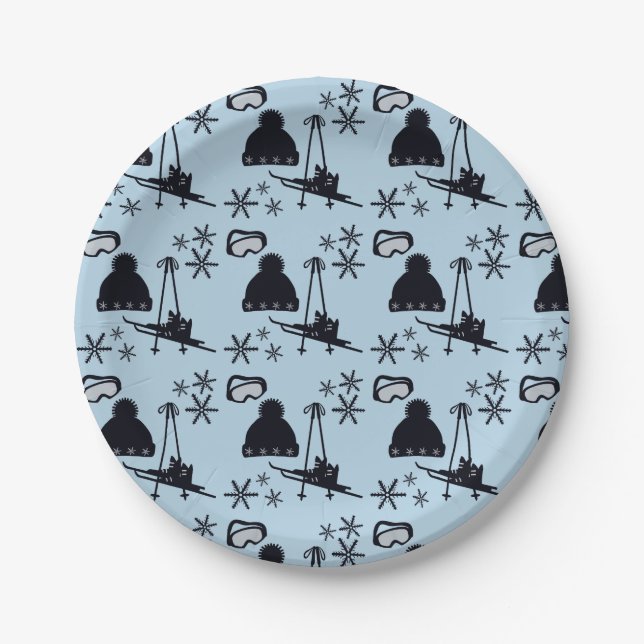 Plato De Papel Equipo de esquí negro y copos de nieve en azul (Anverso)