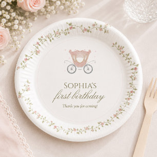 Plato De Papel Érase una vez Princesa Rosa Floral 1er cumpleaños