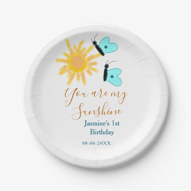 Plato De Papel Eres mi naranja amarillo sol azul mariposa (Anverso)