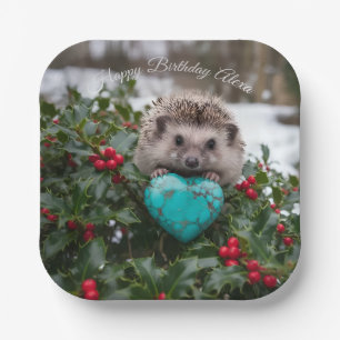 Plato De Papel Erizo Adorable de Diciembre con Corazón Turquesa