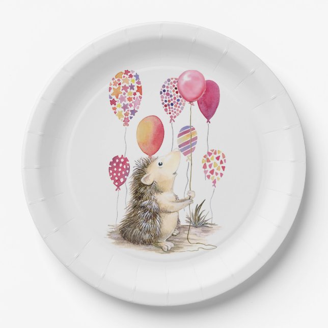 Plato De Papel Erizo con globos rosas  (Anverso)