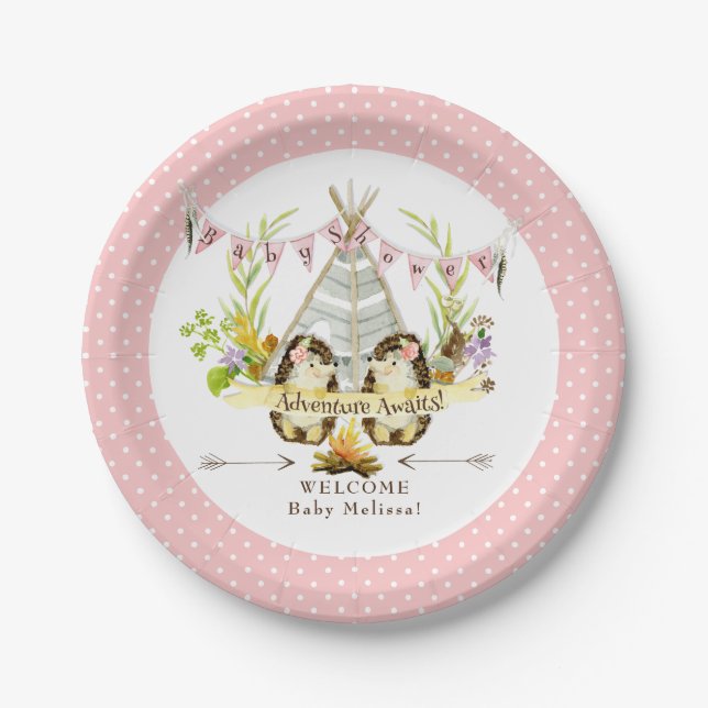 Plato De Papel Erizo rosado moderno de Baby Shower del chica de (Anverso)