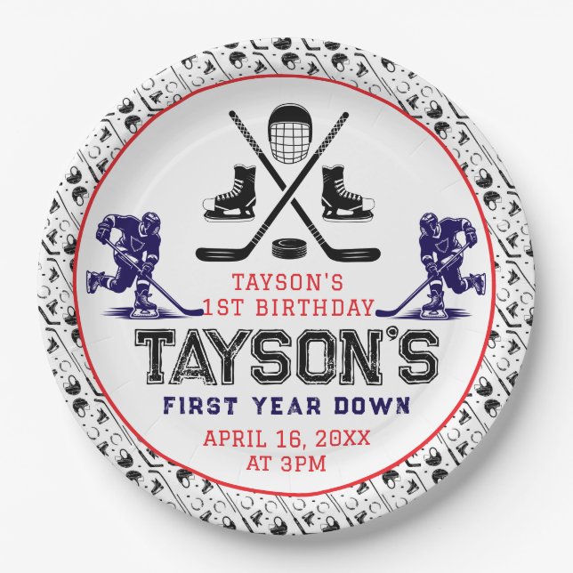Plato De Papel Es el primer Fiesta de cumpleaños de hockey sobre  (Anverso)