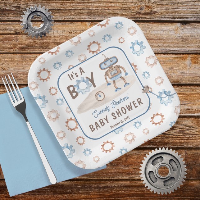 Plato De Papel Es un azul chiquito | Baby Shower Greige Robot (Blue, greige and white "It's A Boy" Cute Robot-Themed Baby Shower Paper Plates)