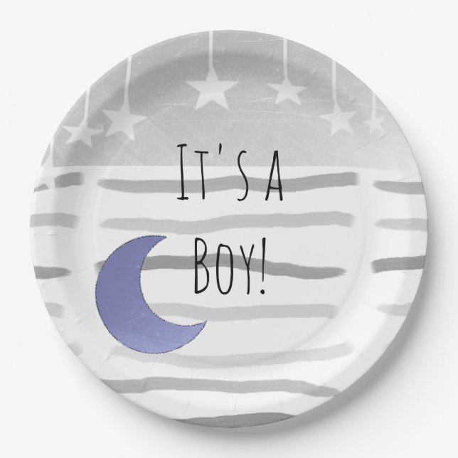 Plato De Papel Es un Baby Shower de Boy Moon y Stars (Anverso)