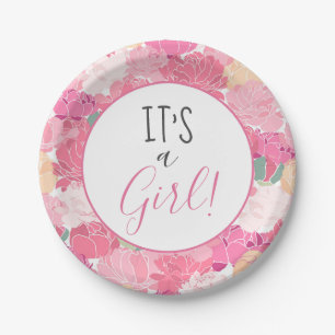 Plato De Papel Es un Baby Shower de patrón floral rosado Chica