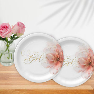 Plato De Papel Es un Baby Shower moderno con flores de oro rosado